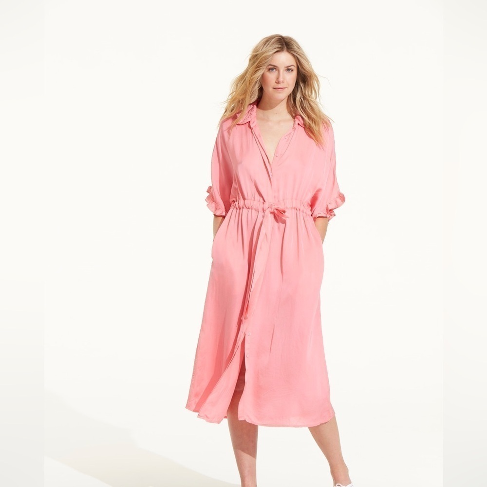 Oneseason Women’s Pink Jasmine Dress 100% viscose button-down resort wear NWT